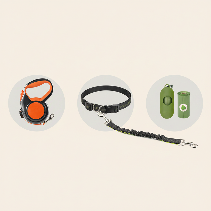 Dog Walk Ready Kit with reflective retractable leash, hands-free walking belt and pet waste bag rolls