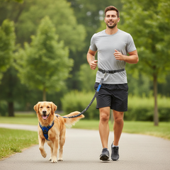 Man jogging with a dog using a hands-free waist belt and shockproof leash